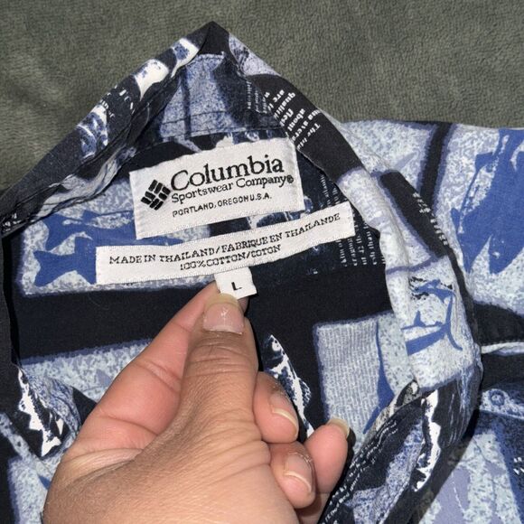 Columbia Shirt Men Large Blue Fishing Print 100% Cotton Short Sleeve Button-Down - Picture 5 of 6